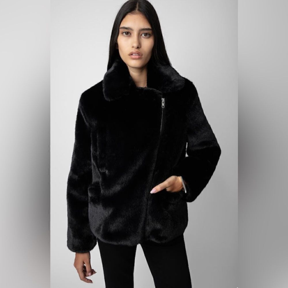 ZADIG & VOLTAIRE jacket BLACK FAUX MINK FUR COAT. Freeze color NWT. M/L